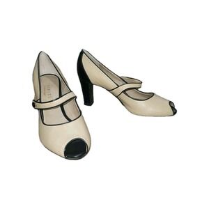 Talbots Womens Tan/Black Peep Toe Mary Jane Pumps Heels Size 7.5 B Career Office